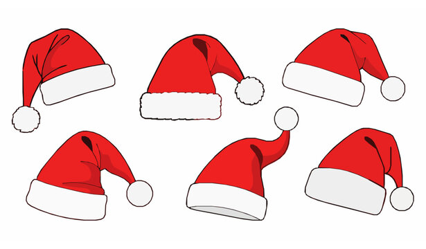 Hand drawn red Christmas Santa Claus hats vector set isolated on white
