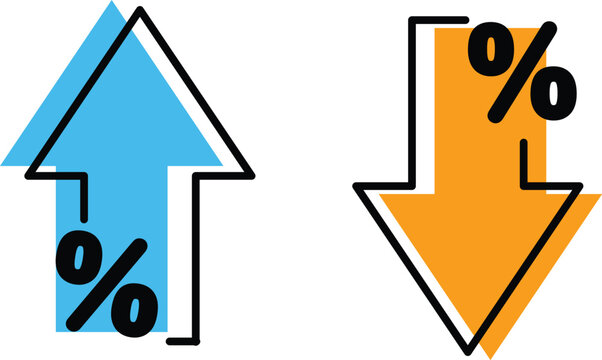 Percentage increase and decrease arrows icon set showing growth and decline trends for finance, business analytics, statistics, profit loss, inflation, discount and market comparison