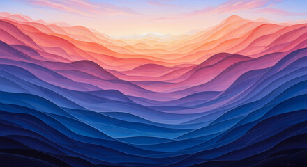 An abstract landscape painting depicts undulating, flowing forms reminiscent of mountain ranges or waves