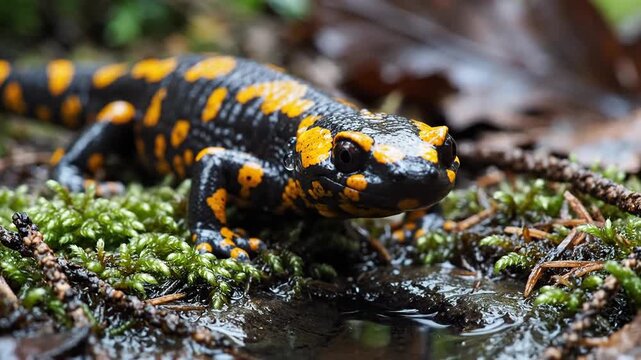 Close-up view of a black and orange spotted salamander moving through mossy forest floor near water