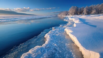 Naklejka premium Scenic Winter River Landscape with Ice and Snow-Covered Trees