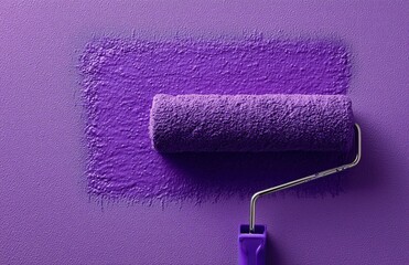 Obraz premium Paint roller with purple paint swatch on textured wall