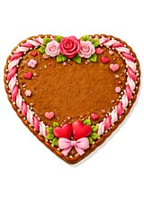 Herzf&ouml;rmiger Lebkuchenrahmen mit Zuckerguss, Blumen und Schleife &ndash; romantische Valentinstag-Illustration mit freier Fl&auml;che