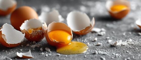 Broken eggs with transparent shells and yolks strewn across a gray surface