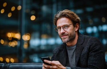 In the airline business departure lounge, a Caucasian businessman is using a smartphone while he waits to board the aircraft.