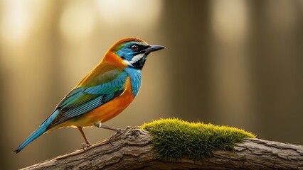 Obraz premium Vibrant blue-breasted bee-eater perched on a mossy branch
