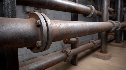 Rusty industrial pipes with bolted flanges in an aged neglected factory interior