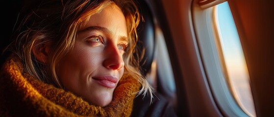 A Caucasian woman traveling in economy class for business sits comfortably in the airplane and looks out the window.