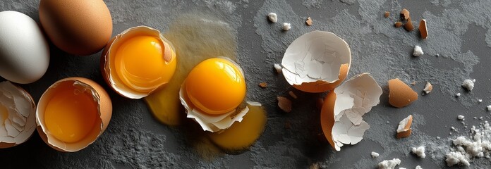 Broken eggs with transparent shells and yolks strewn across a gray surface