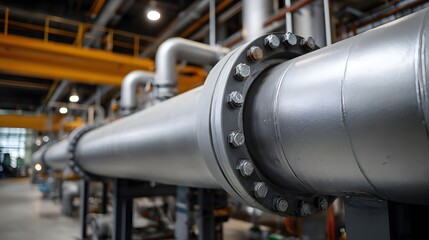 Fototapeta premium Close up of a large silver industrial pipeline with bolted flanges in a manufacturing facility