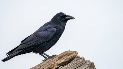 Obraz premium A black crow perched on a wooden post against a plain background.