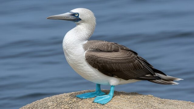A blue-footed booby bird perched on a rock with a blue ocean in the background.