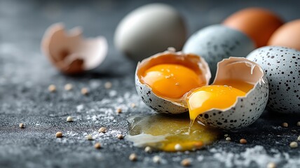 Broken eggs with transparent shells and yolks strewn across a gray surface
