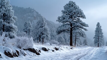 Obraz premium Winter Wonderland Landscape with Snow Covered Pine Trees and Path