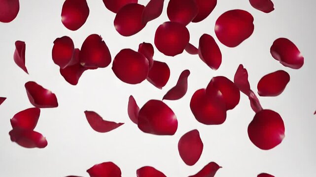 Slow-motion red rose petals falling against clean white background, seamless loop, gentle air turbulence