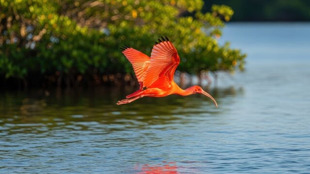 A red ibis bird in flight over a calm lake with mangrove trees in the background.