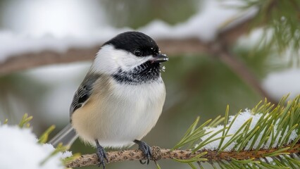 Obraz premium A black-capped chickadee perched on a pine branch with snow on it.