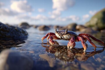 Crab walk along shallow ocean water, rocky shore, peaceful nature scene