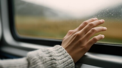 A person's hand gently touches a rain-covered window during a journey, evoking introspection and calm travel vibes.
