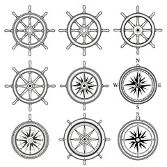 Set sail with these vintage nautical designs featuring detailed ship wheels and compasses, perfect for maritime themes and ocean adventures © amni