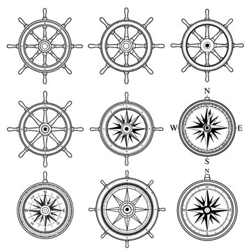 Set sail with these vintage nautical designs featuring detailed ship wheels and compasses, perfect for maritime themes and ocean adventures