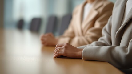 Minimalist view of two people sitting at a long boardroom table, wearing formal coats in a corporate setting.
