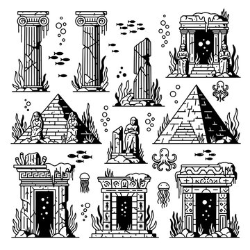 Explore lost underwater city ruins with ancient architecture, pyramids, and mythical creatures in this captivating black and white line art style design