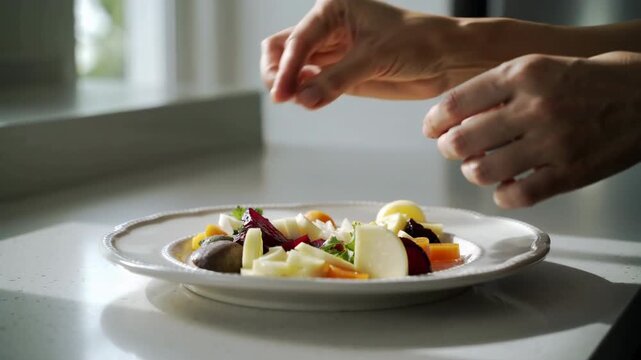 Close-up hands plating fresh vegetable salad with cheese on white plate by kitchen window in daylight