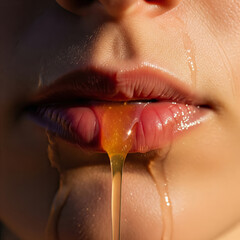 Obraz premium Glossy Lips Dripping with Fresh Orange Juice
