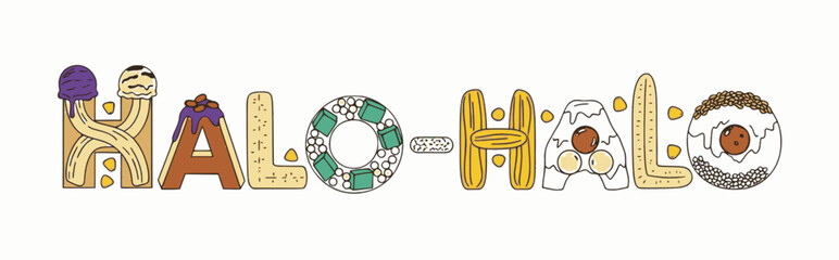 Colorful Halo-Halo logo featuring ice cream and fruits