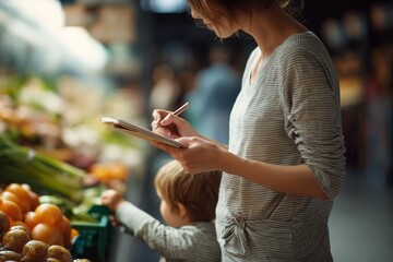 Mother writing shopping list on paper while walking with child in a vibrant market, surrounded by fresh produce and colorful fruits, capturing a moment of family life