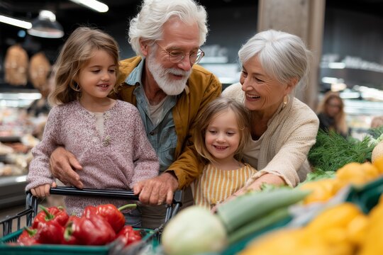 Elderly grandparents joyfully grocery shopping with two young grandchildren, exploring fresh produce together in a vibrant market, creating cherished family memories - Powered by Adobe