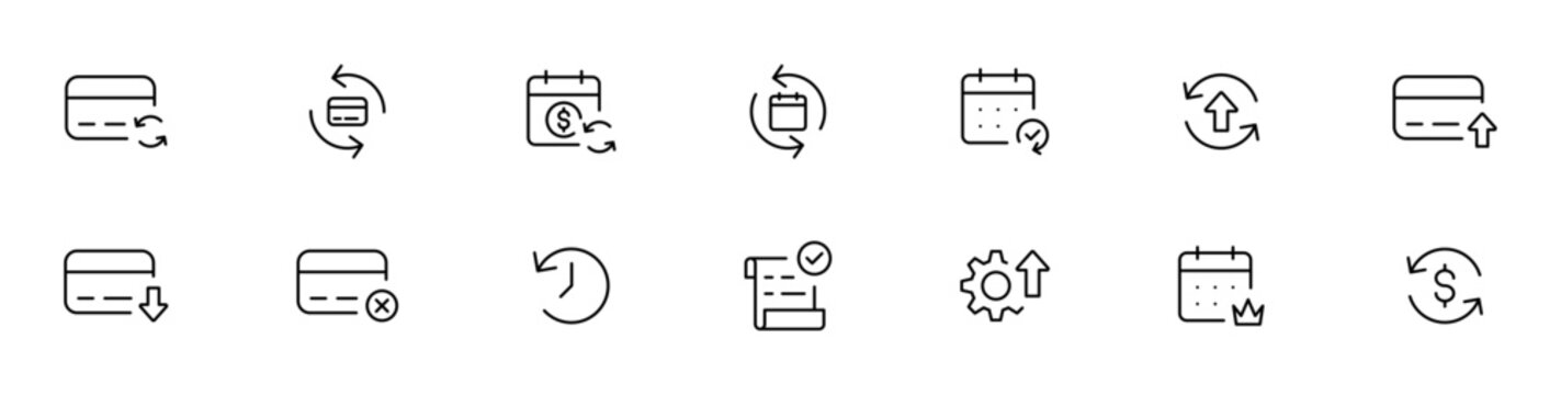 Subscription billing, payment icon set. Minimal finance credit cards and calendar icon and renewal symbols with payments, sync, history, upgrade, billing, and schedule actions in line, EDITABLE STROKE