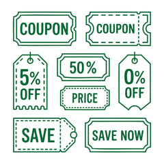 Coupon and discount tag set in green outline vector design on white background