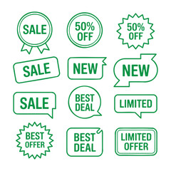Green promotional tags and labels vector collection for sales and new arrivals