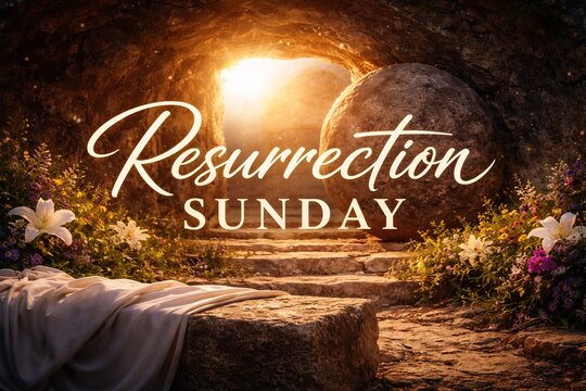 Resurrection Sunday Empty Tomb with Rolled Stone at Sunrise for Easter Celebration