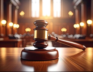 Justice and court ruling concept, wooden gavel on desk with blurred courthouse background