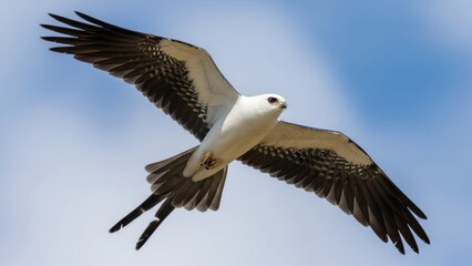 Fototapeta premium A white and black bird in flight against a clear blue sky.