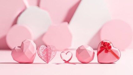 Fototapeta premium Pink paper hearts and a pink gift box on a pink background.