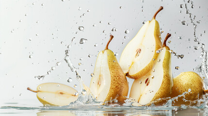 Fresh pears splashing into water with droplets frozen in motion, a healthy fruit concept