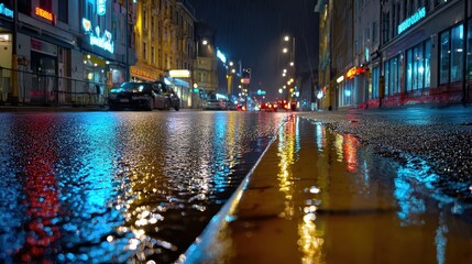 Obraz premium Neon City Lights Reflecting on Wet Pavement at Night