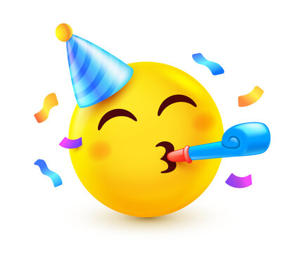 Vector illustration of yellow emoji with party horn and hat. 3d style design of happy birthday emoticon. Happy emotion excited smile face. Funny smile character icon. Celebrate event emoji
