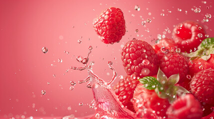Fresh raspberries and water splashes creating a dynamic and refreshing visual effect