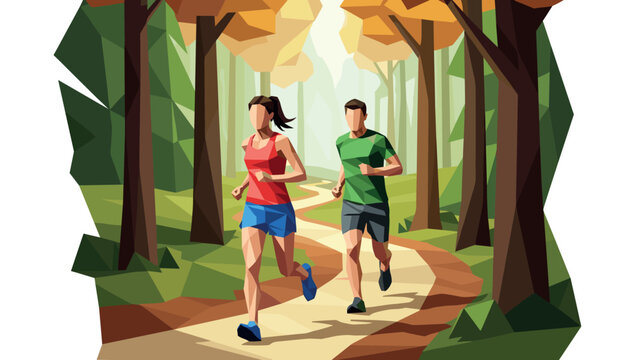 Geometric style forest jogging: couple running amidst autumn trees