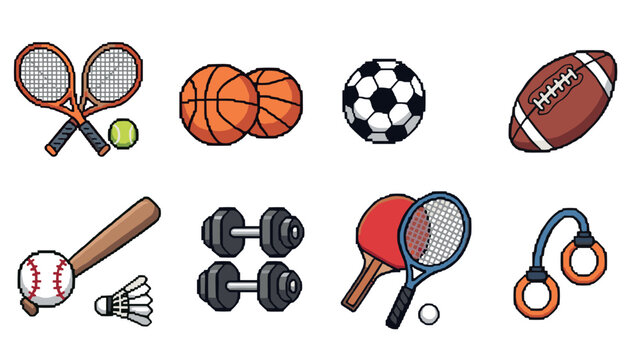 Retro pixel art sports equipment collection featuring tennis, basketball, soccer, and more