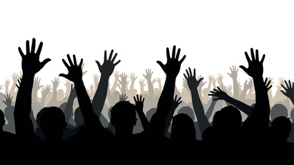 Silhouette of a vibrant crowd with raised hands celebrating in unity