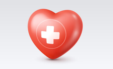 Obraz premium Vector illustration of realistic red color heart with cross on light background. Medical symbol of first aid icon with shadow. 3d style design of heart with white color cross