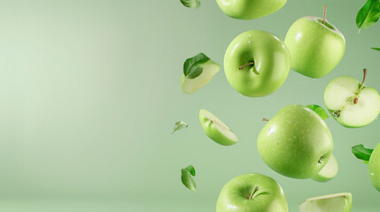 Fresh green apples and slices falling in mid-air with water droplets and leaves