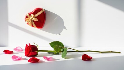 A red rose with a green leaf and a red heart-shaped gift box on a white background with a shadow.