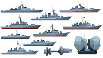 Modern naval warships collection in flat style